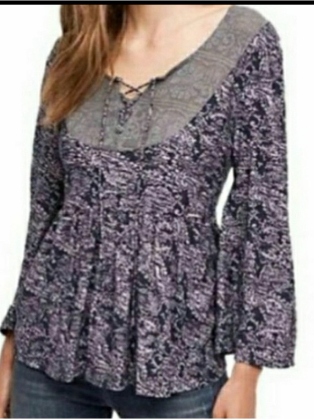 Anthropologie Akimi & Kin blue bohemian lace back panel blouse tie front